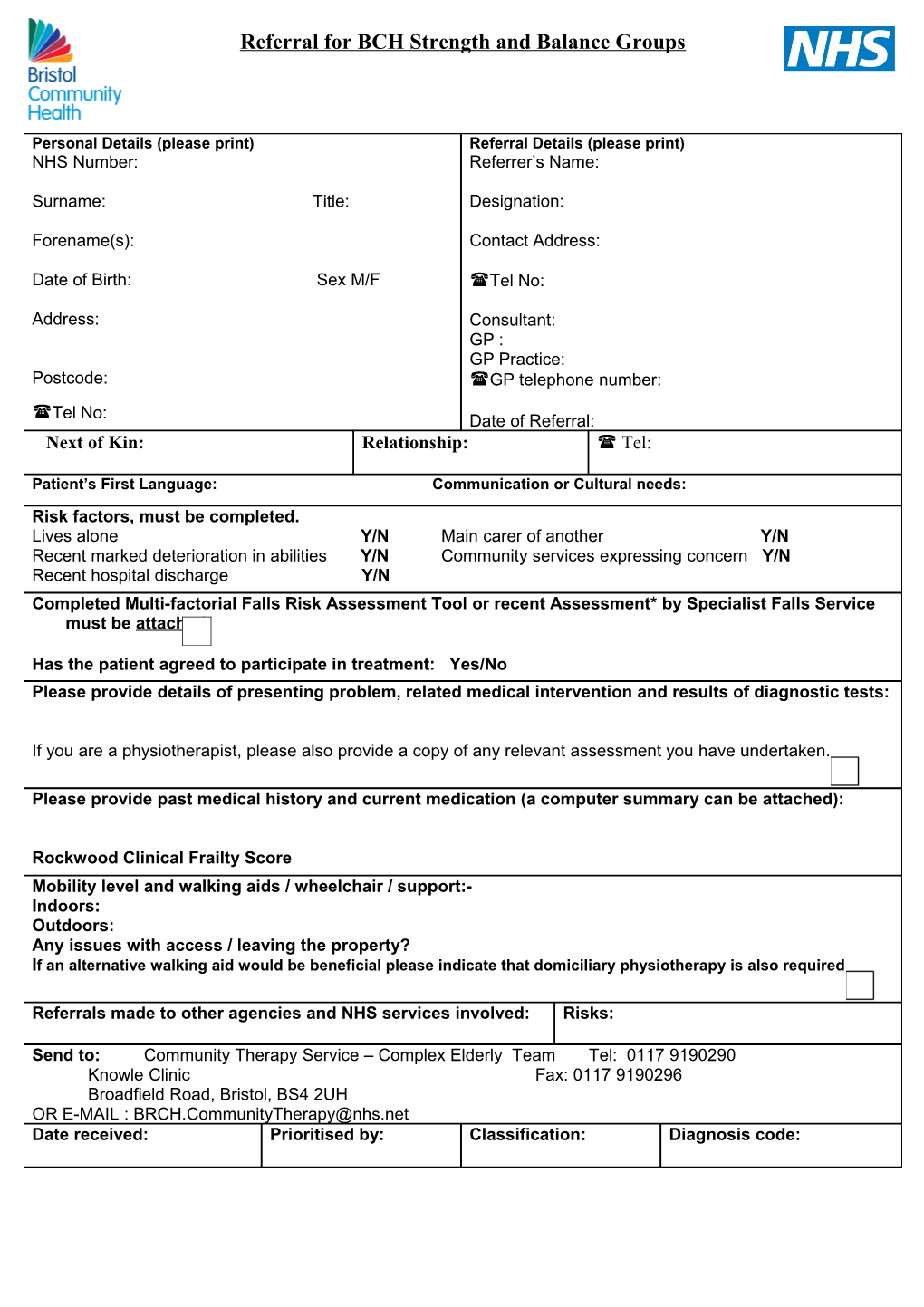 Referral Criteria for BCH Strength and Balance Groups