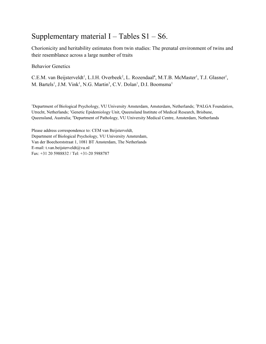 Supplementary Material I Tables S1 S6