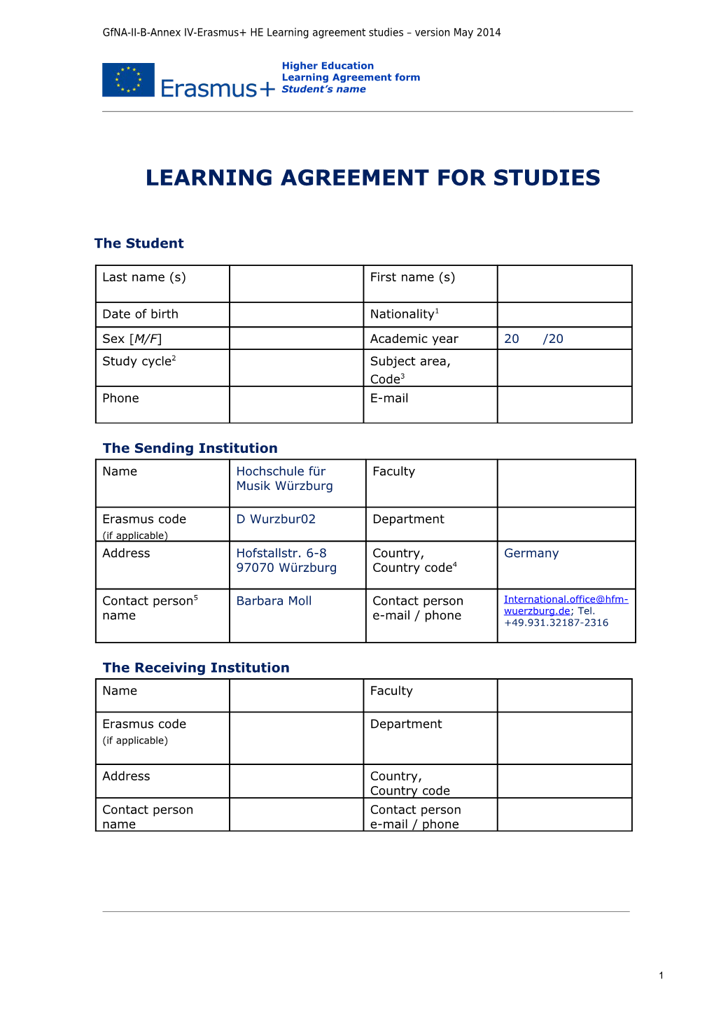 Gfna-II-B-Annex IV-Erasmus+ HE Learning Agreement Studies Version May 2014
