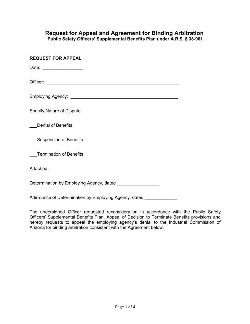 Request for Appeal and Agreement for Binding Arbitration