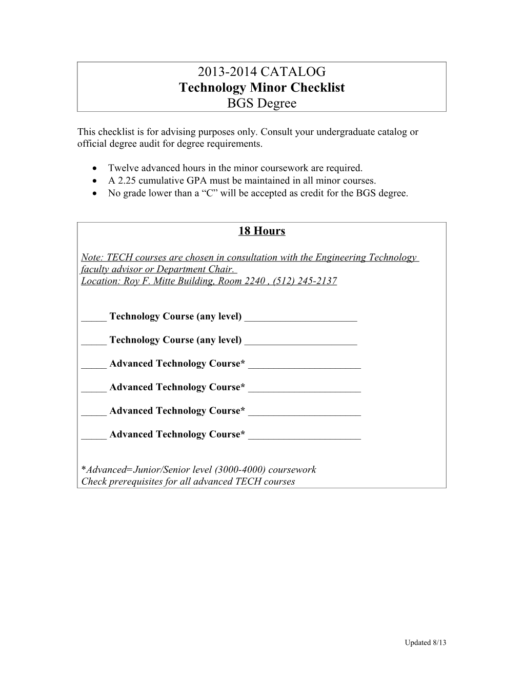 Technology Minor Checklist
