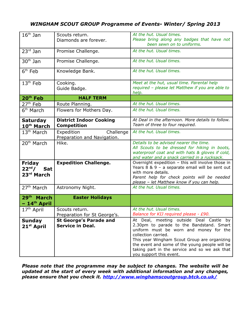 WINGHAM SCOUT GROUP Programme of Events- Winter/ Spring 2013