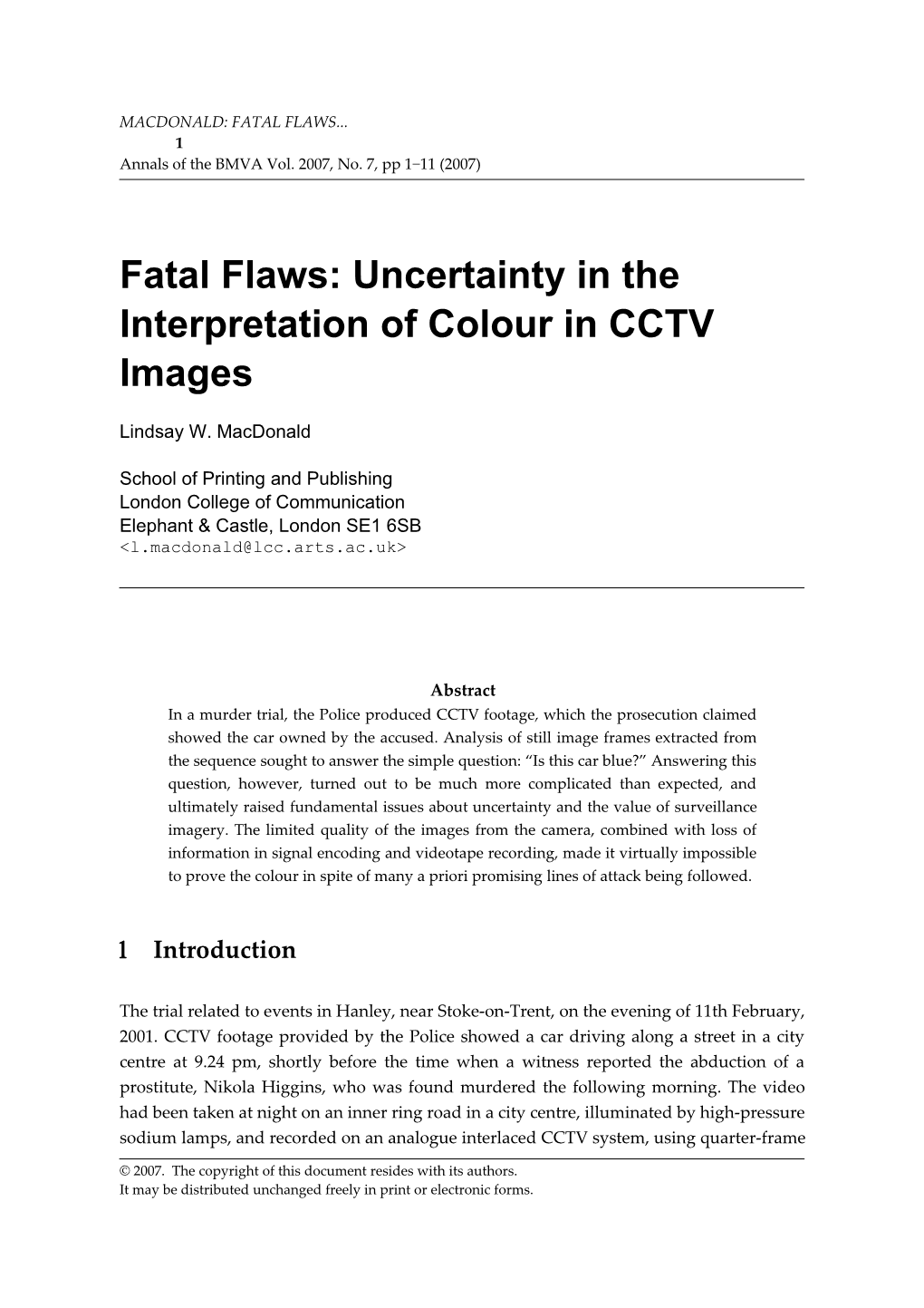 Fatal Flaws: Uncertainty in the Interpretation of Colour in CCTV Images