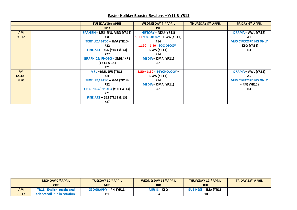 Easter Holiday Booster Sessions Yr11 & YR13