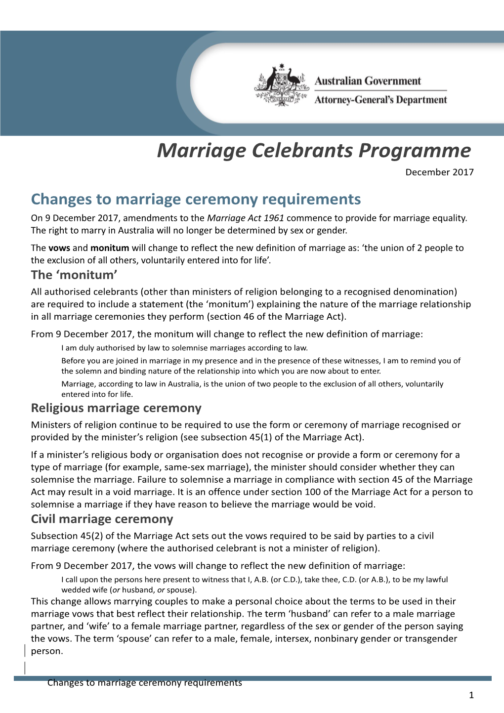 Fact Sheet Changes to Marriage Ceremony Requirements