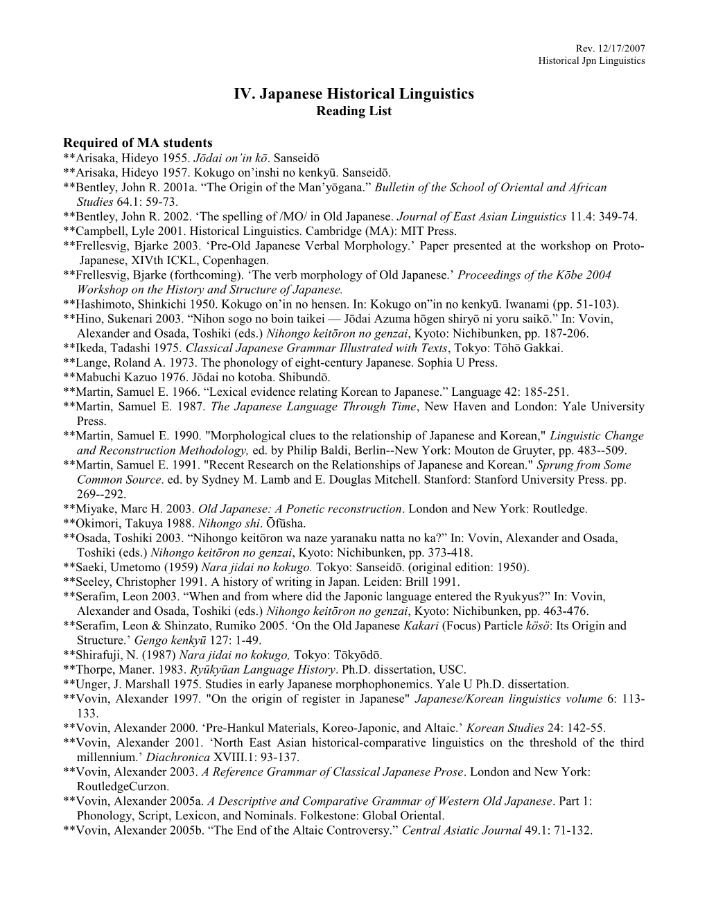 Reading List for Japanese Historical Linguistics