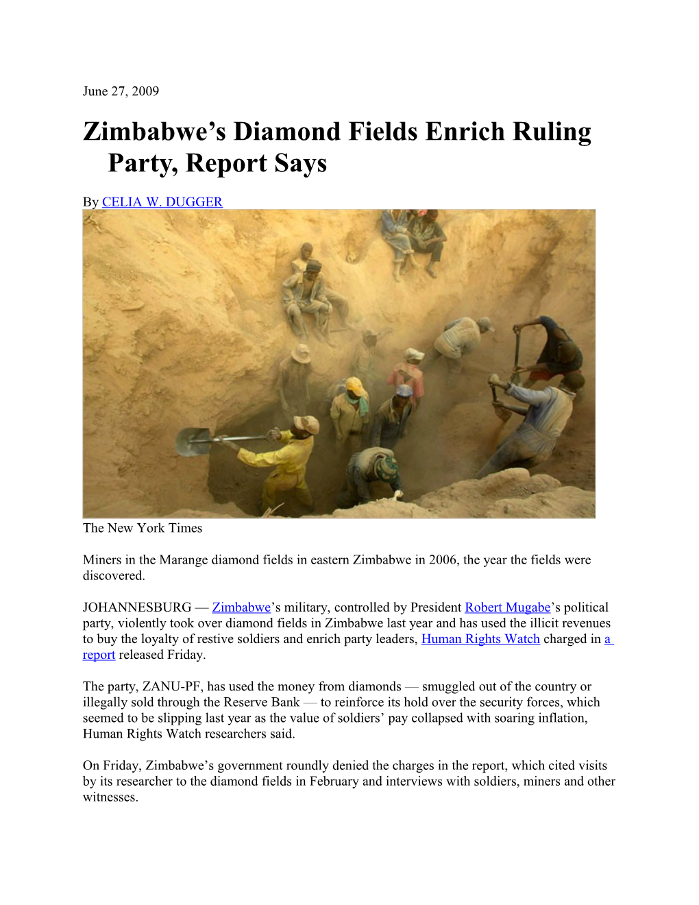 Zimbabwe S Diamond Fields Enrich Ruling Party, Report Says