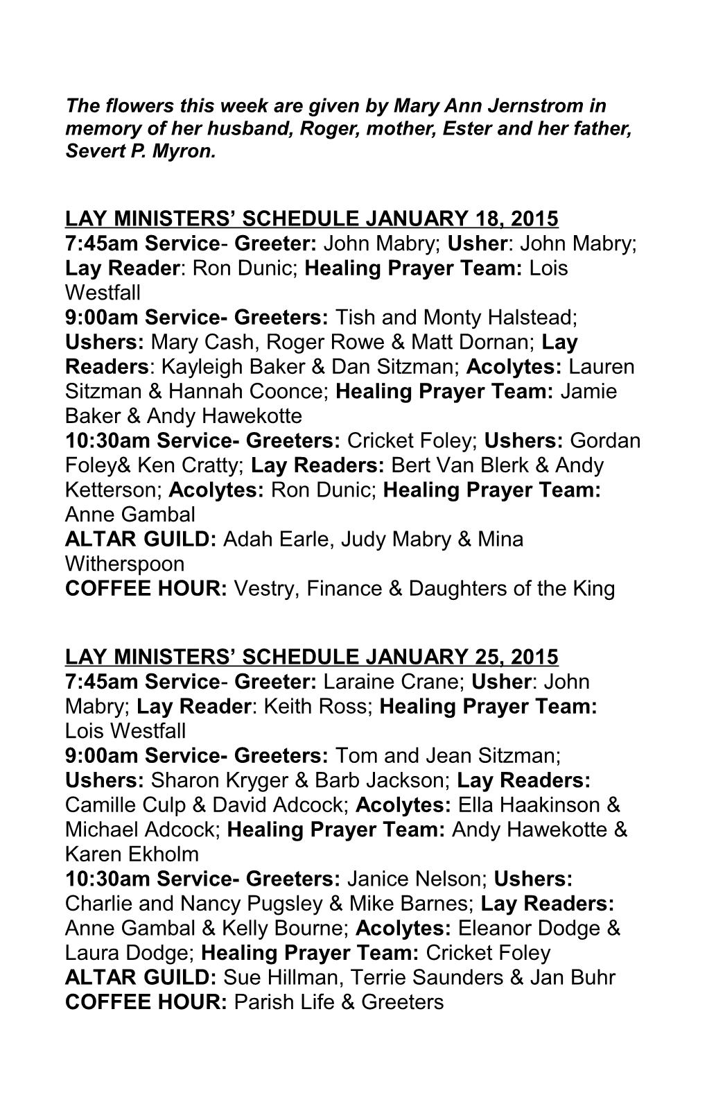 Lay Ministers Schedule January 18, 2015