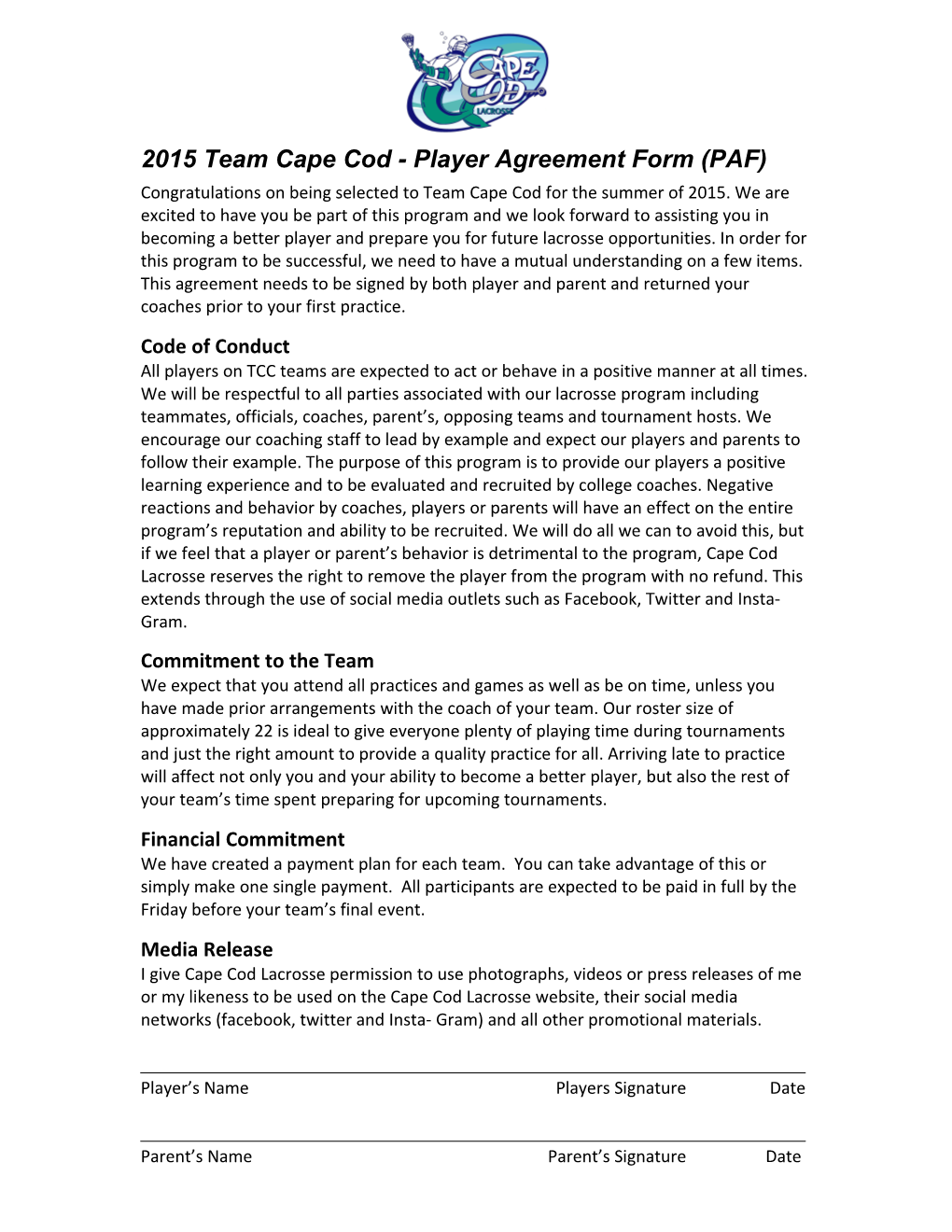 2015 Team Cape Cod - Player Agreement Form (PAF)