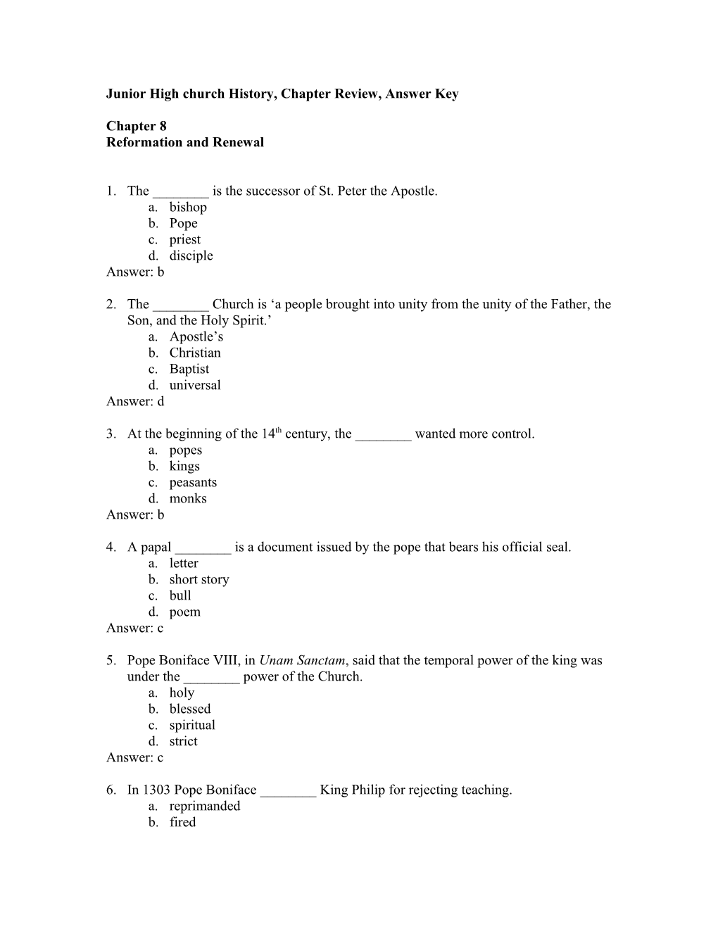 Junior High Church History, Chapter Review, Answer Key