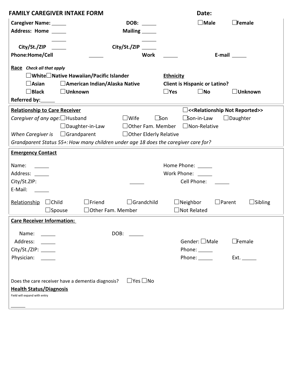Family Caregiver Intake Form Electronic