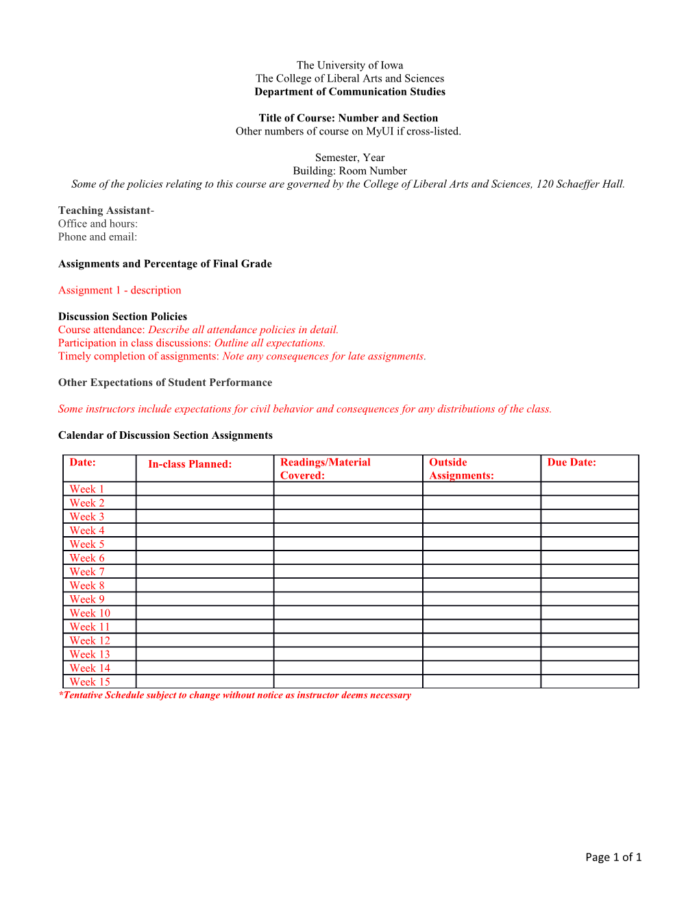 Assignments and Percentage of Final Grade