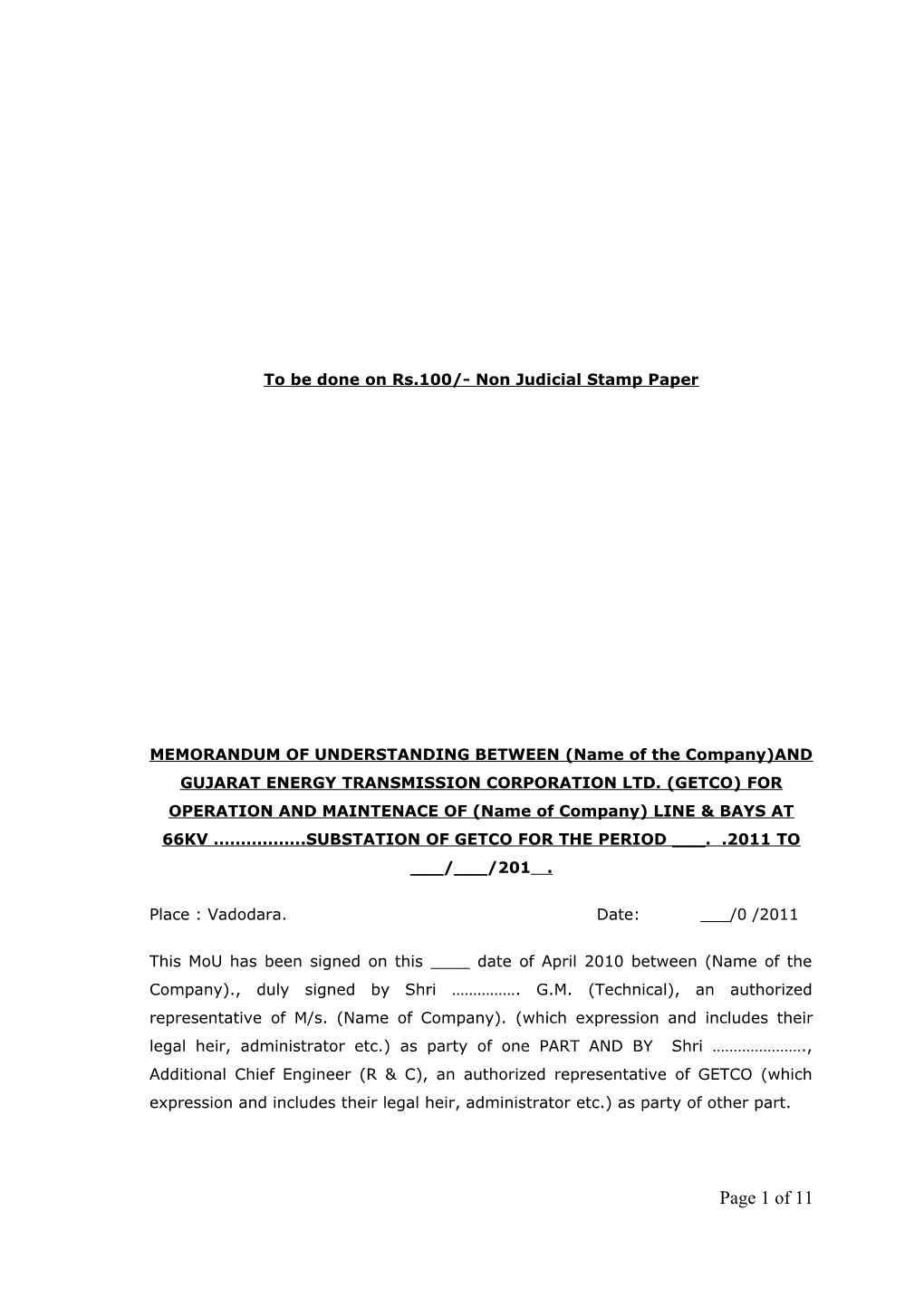 Memorandum of Understanding (Mou) Between Powergrid Corporation of India Limited (Powergrid)