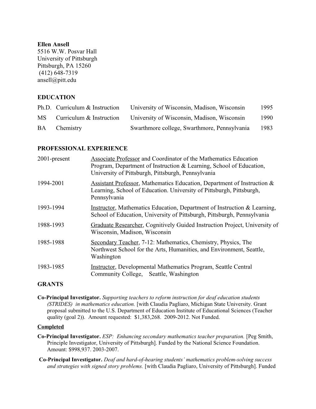 CURRICULUM VITAE Ellen Ansell