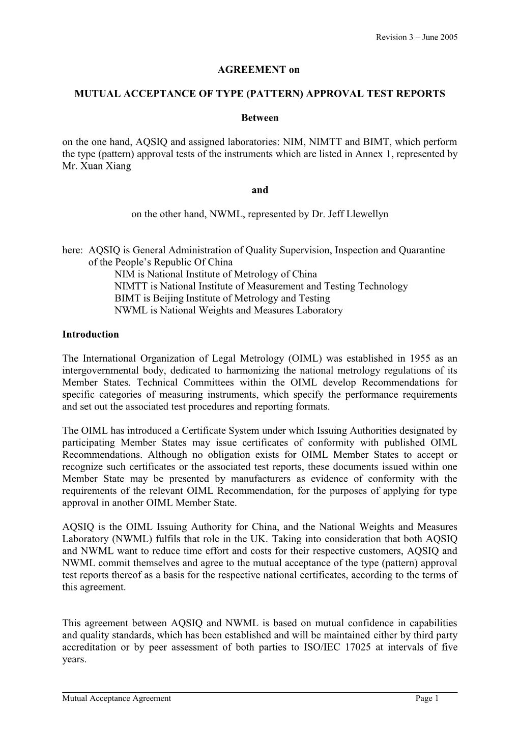 Mutual Acceptance of Type (Pattern) Approval Test Reports