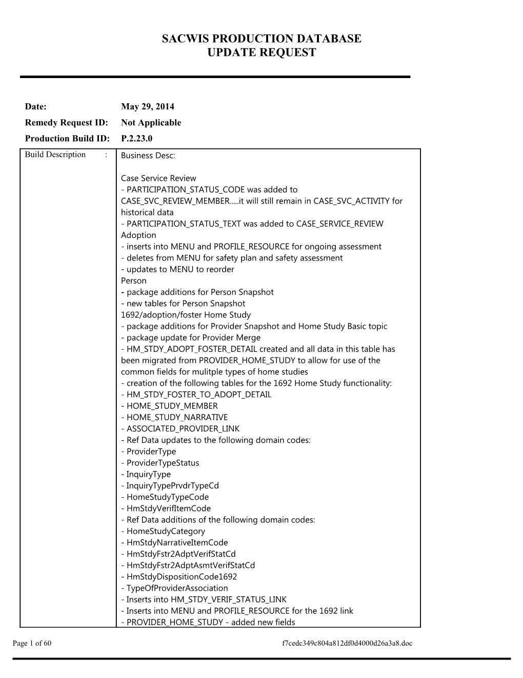 Sacwis Database Update Request