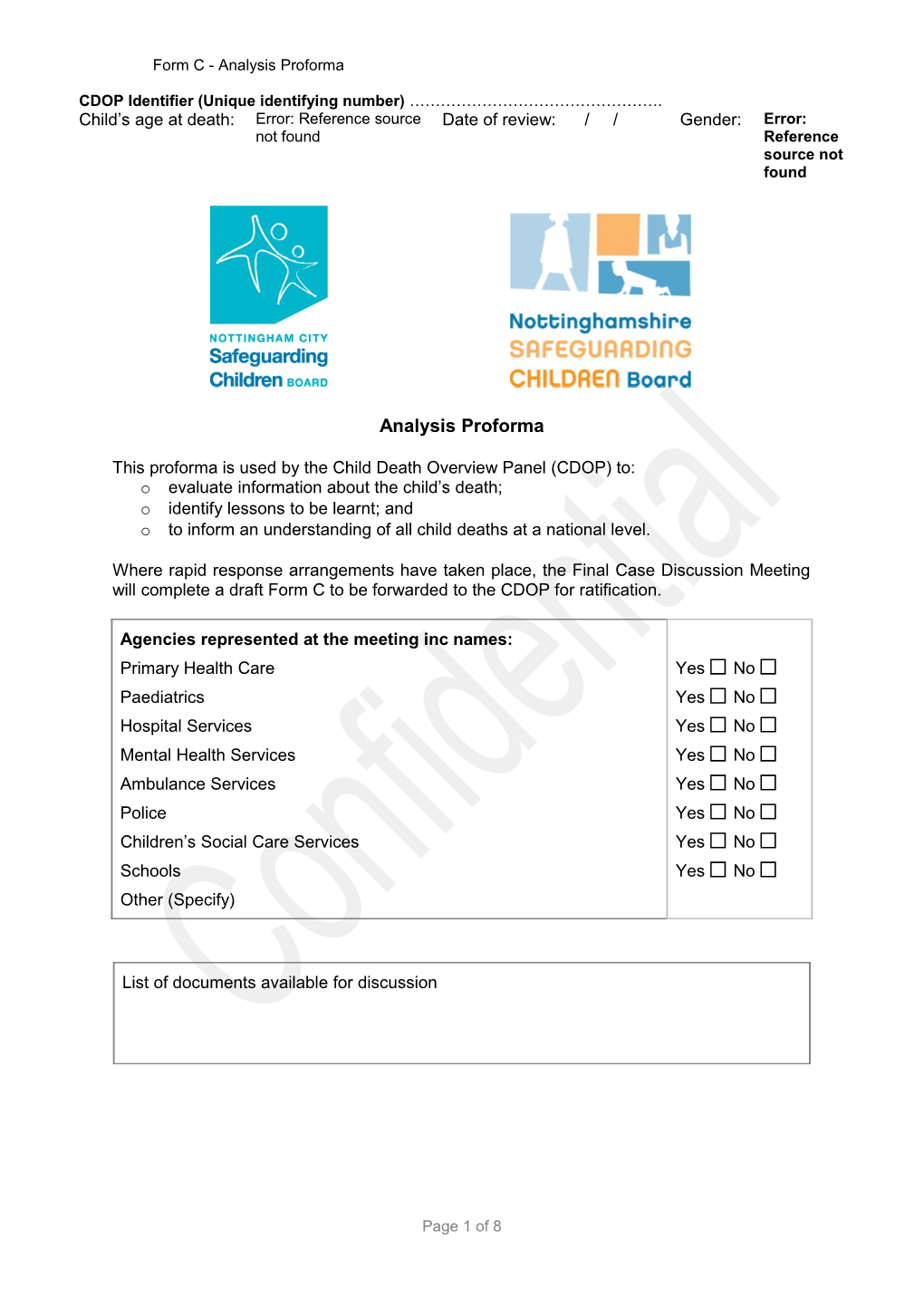 This Proforma Is Used by the Child Death Overview Panel (CDOP) To