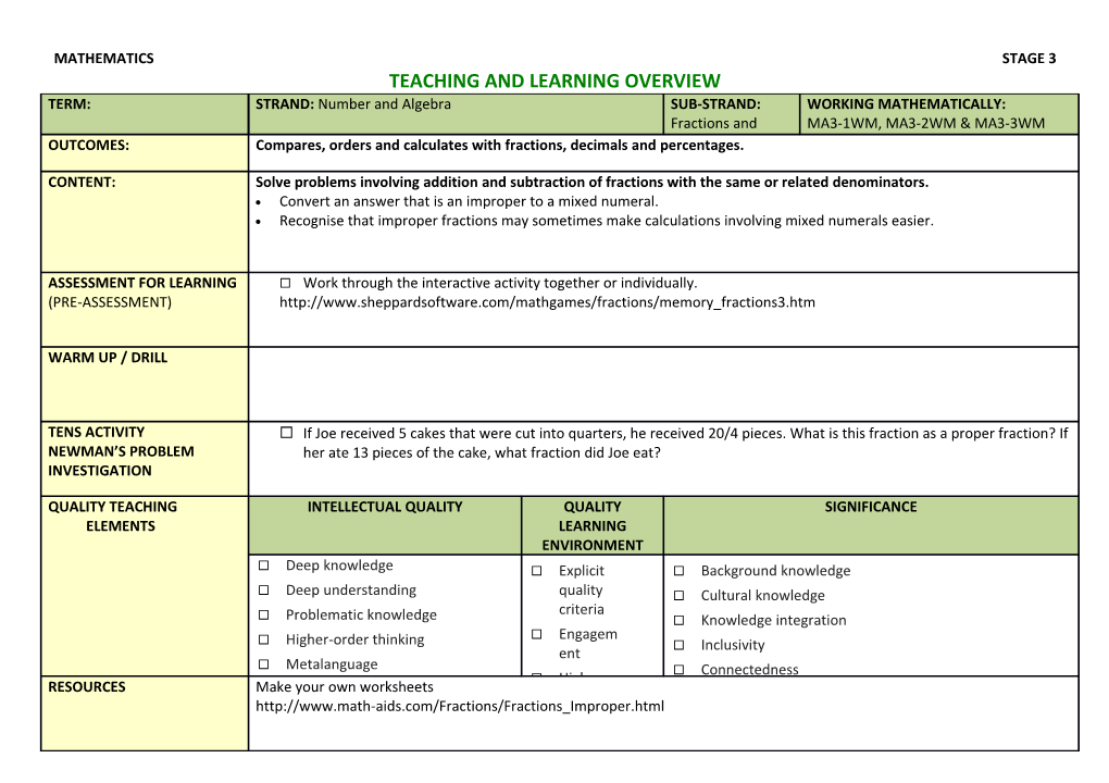 Mathematics Stage 3 Teaching and Learning Overview
