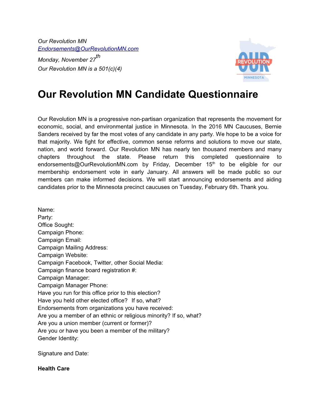 Our Revolution MN Candidate Questionnaire