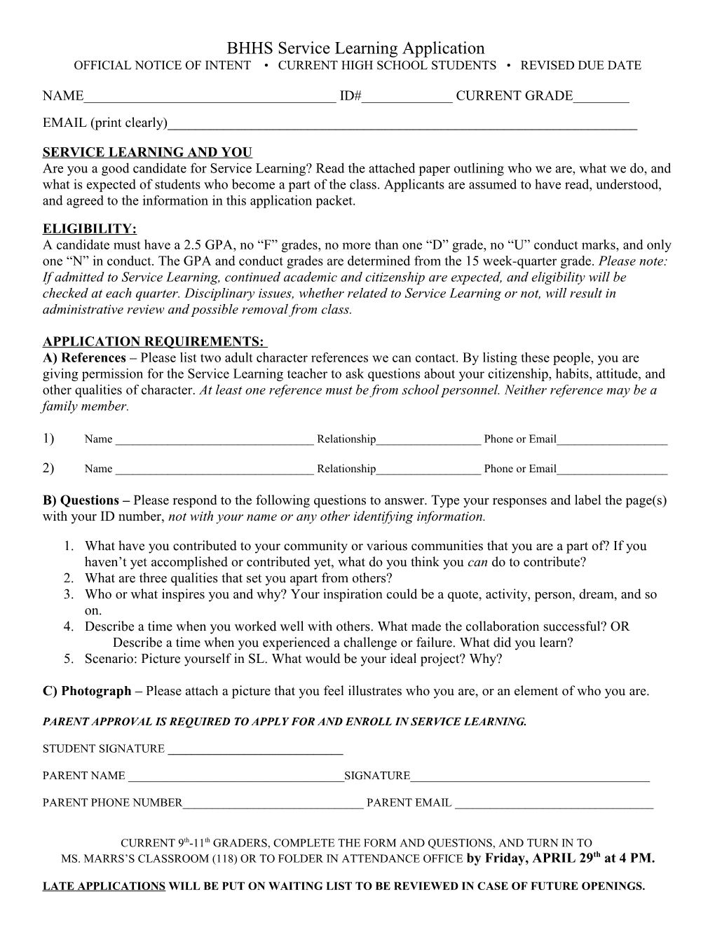 BHHS Service Learning Application