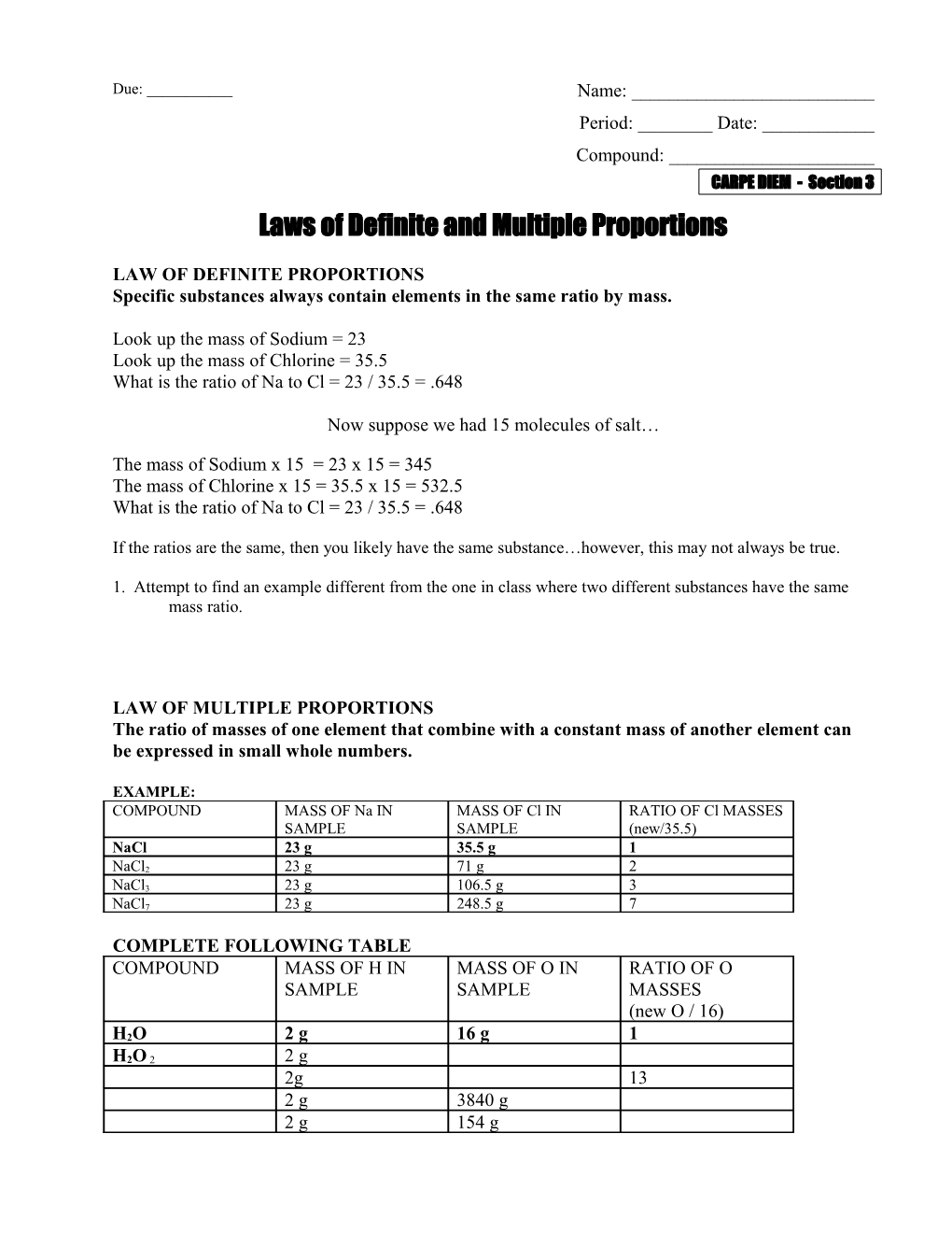 Laws of Definite and Multiple Proportions