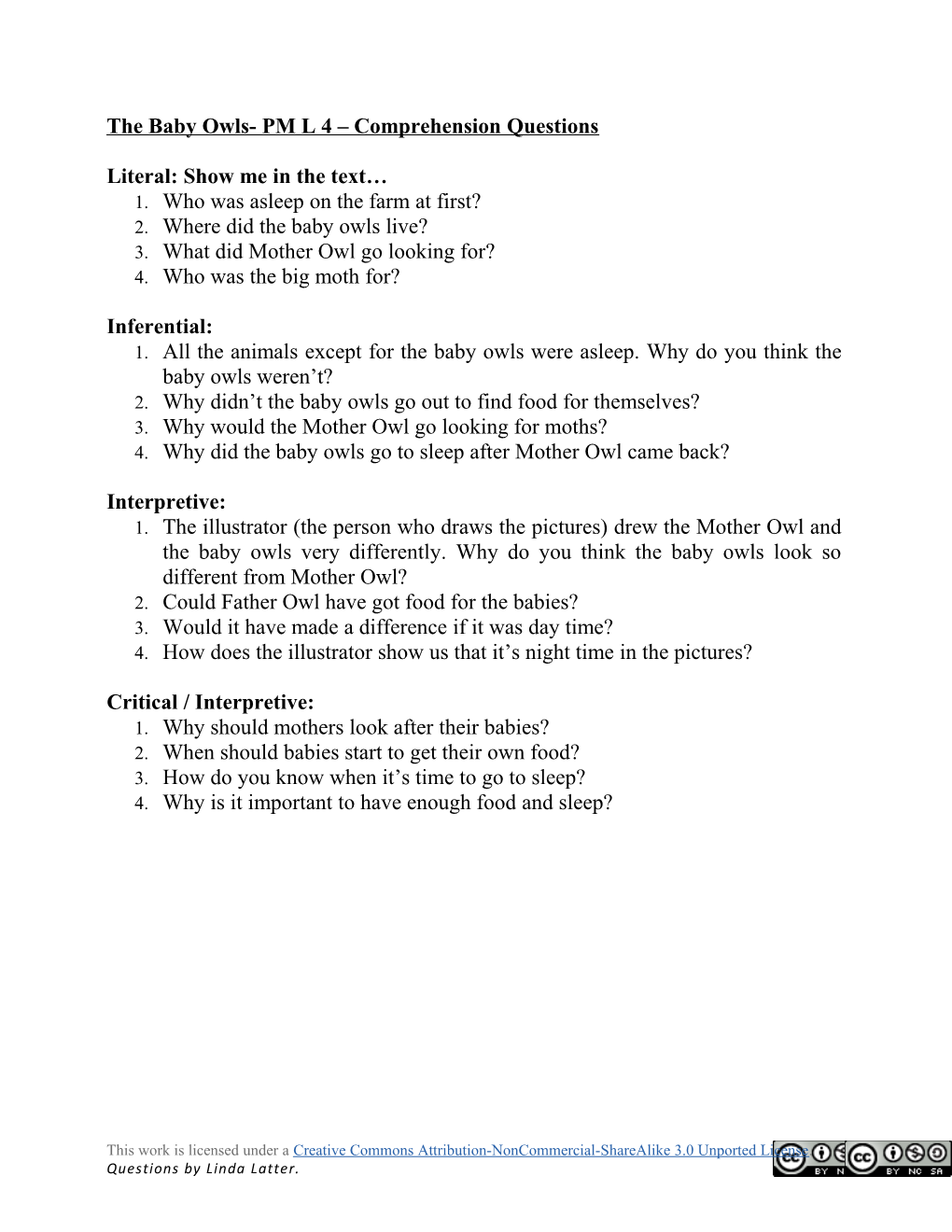 The Baby Owls- PM L 4 Comprehension Questions