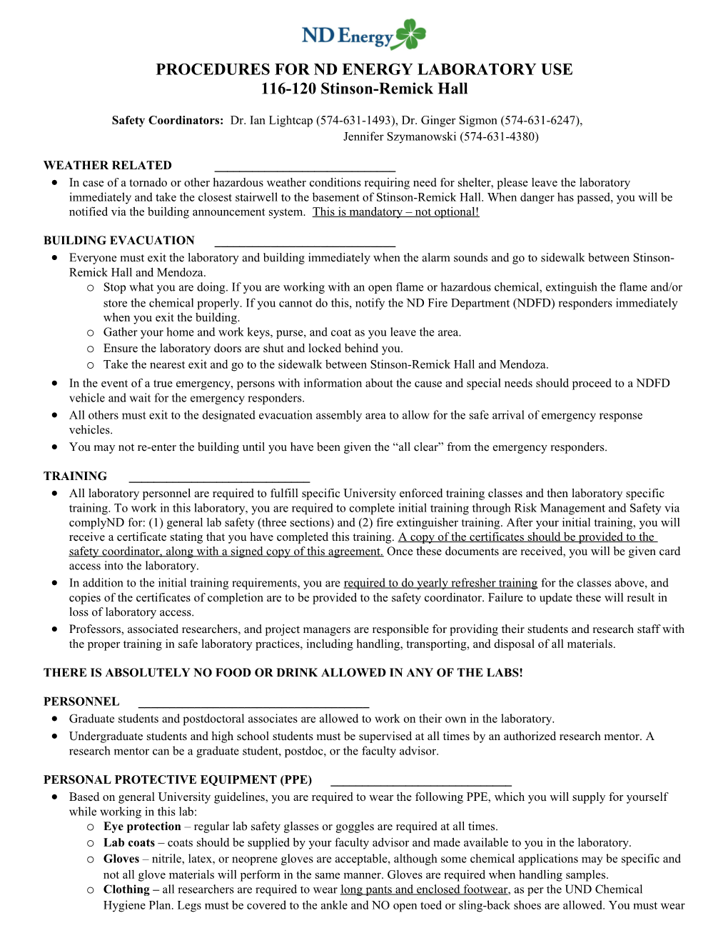 Procedures for Nd Energy Laboratory Use