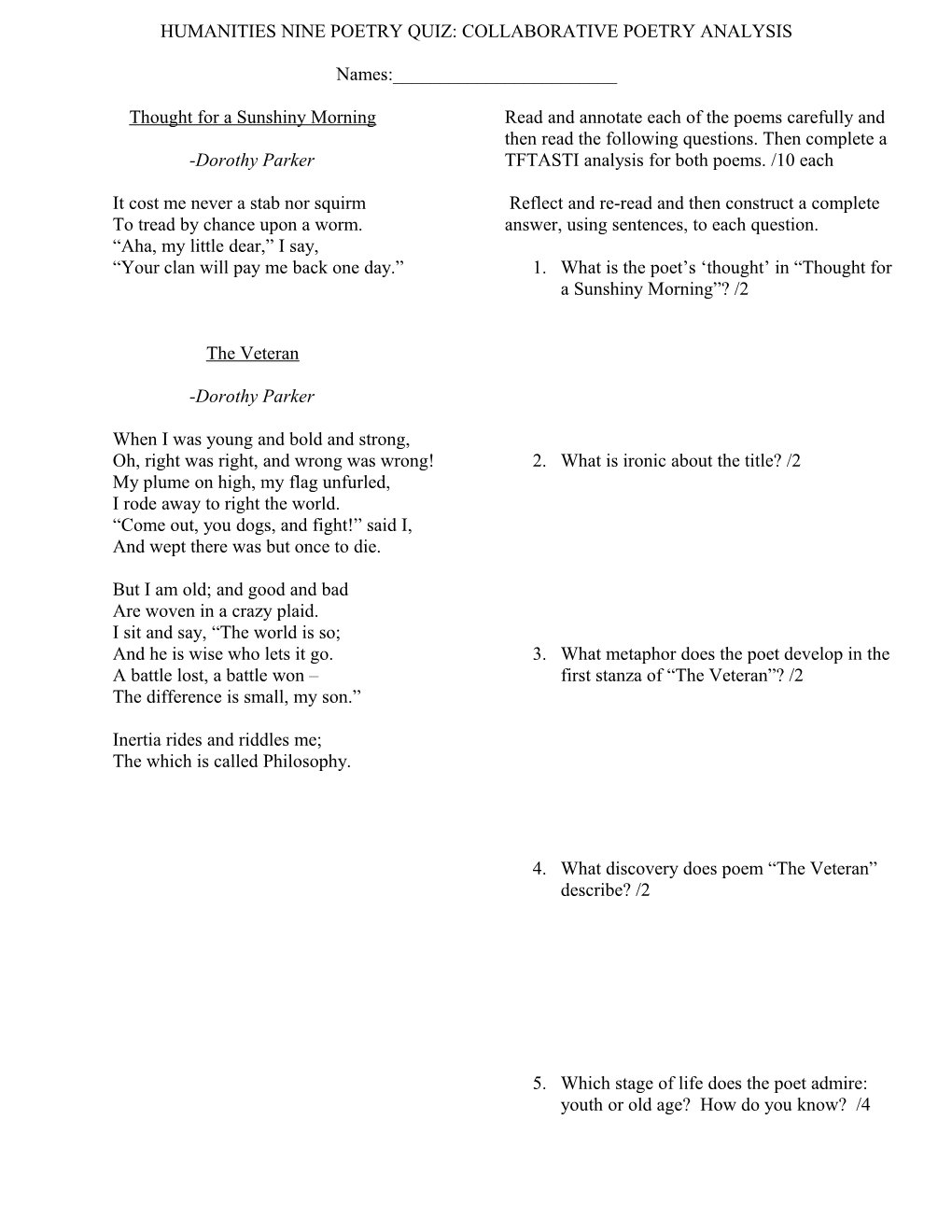 Humanities Nine Poetry Quiz: Part Two Poetry Analysis