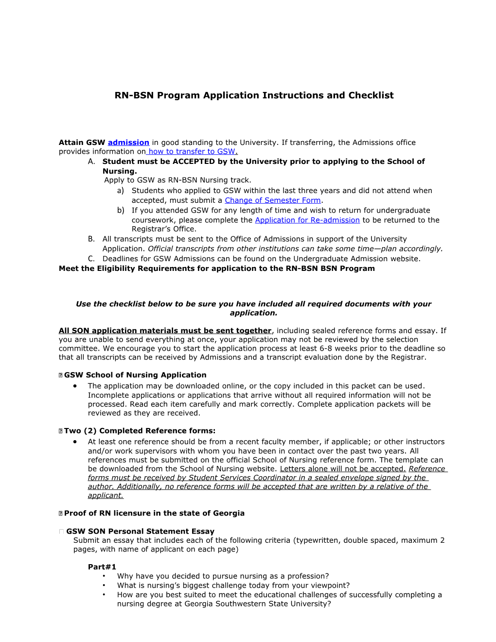 RN-BSN Program Application Instructions and Checklist