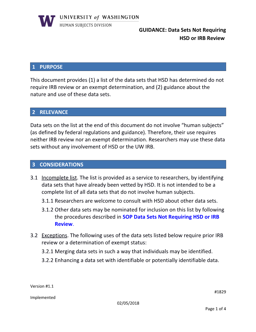 Data Sets Not Requiring HSD Or IRB Review