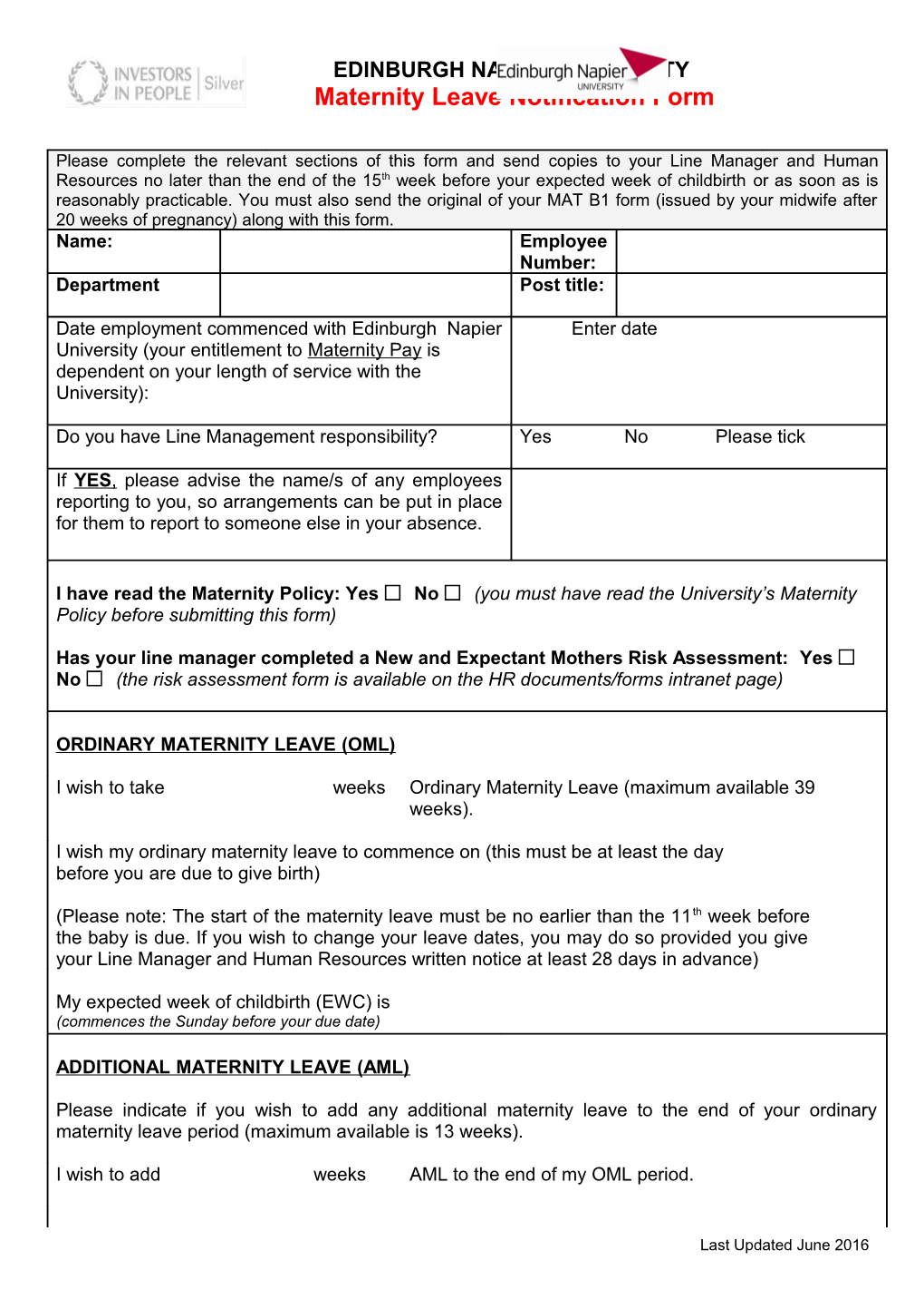 Maternity Leave Notification Form