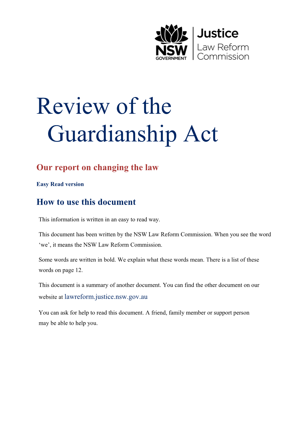 Report 145 Review of the Guardianship Act 1987 (NSW) Easy Read