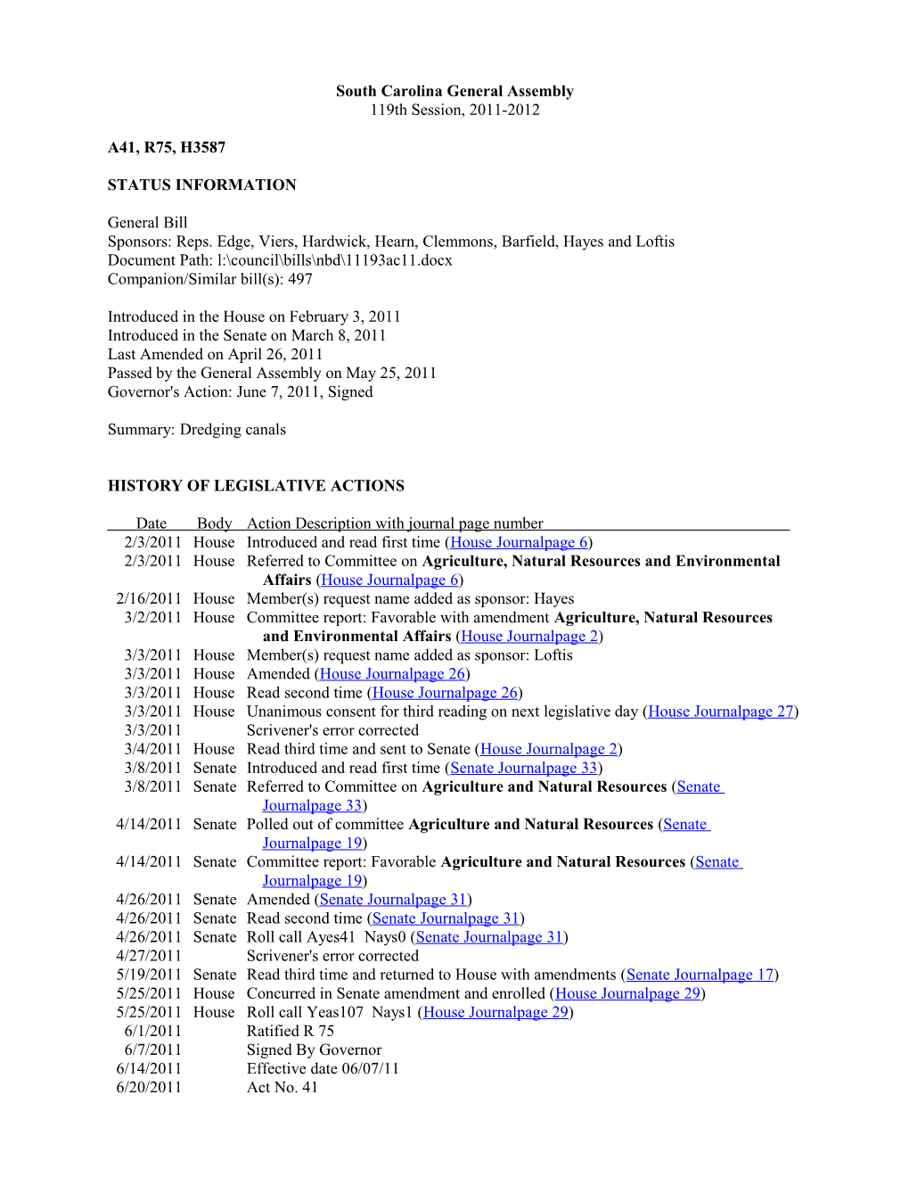 2011-2012 Bill 3587: Dredging Canals - South Carolina Legislature Online