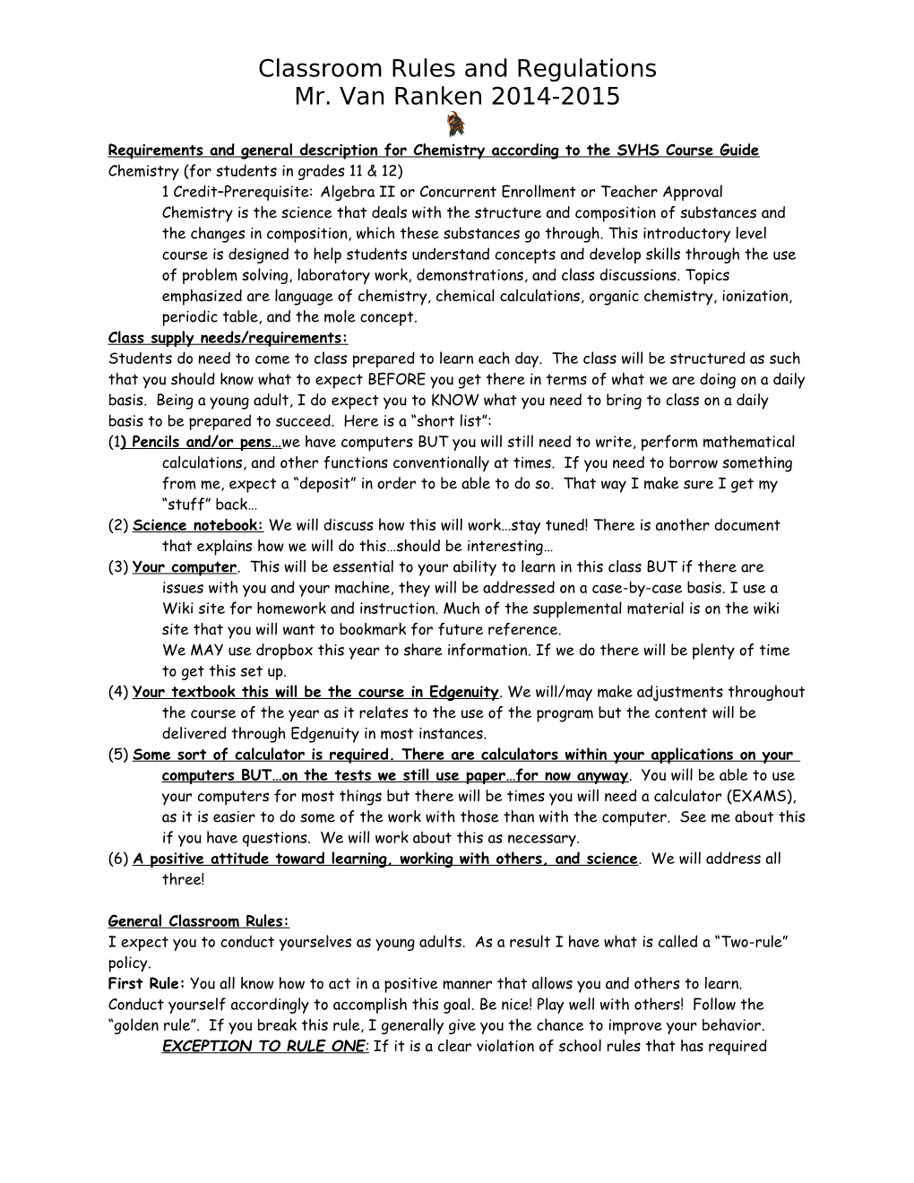 Requirements and General Description for Chemistry According to the SVHS Course Guide