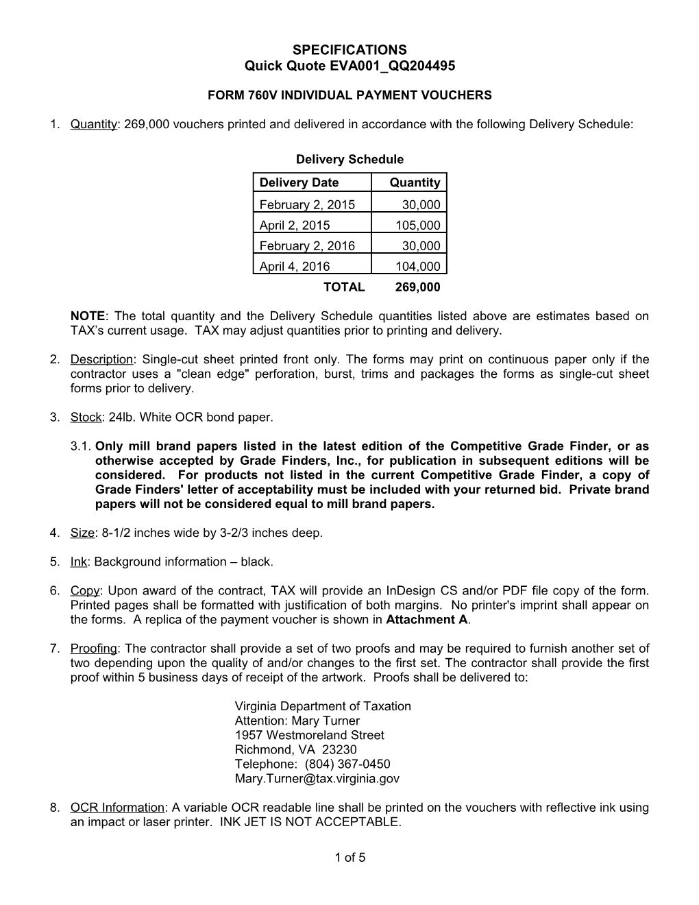 Specifications: Form 760V Individual Payment Vouchers