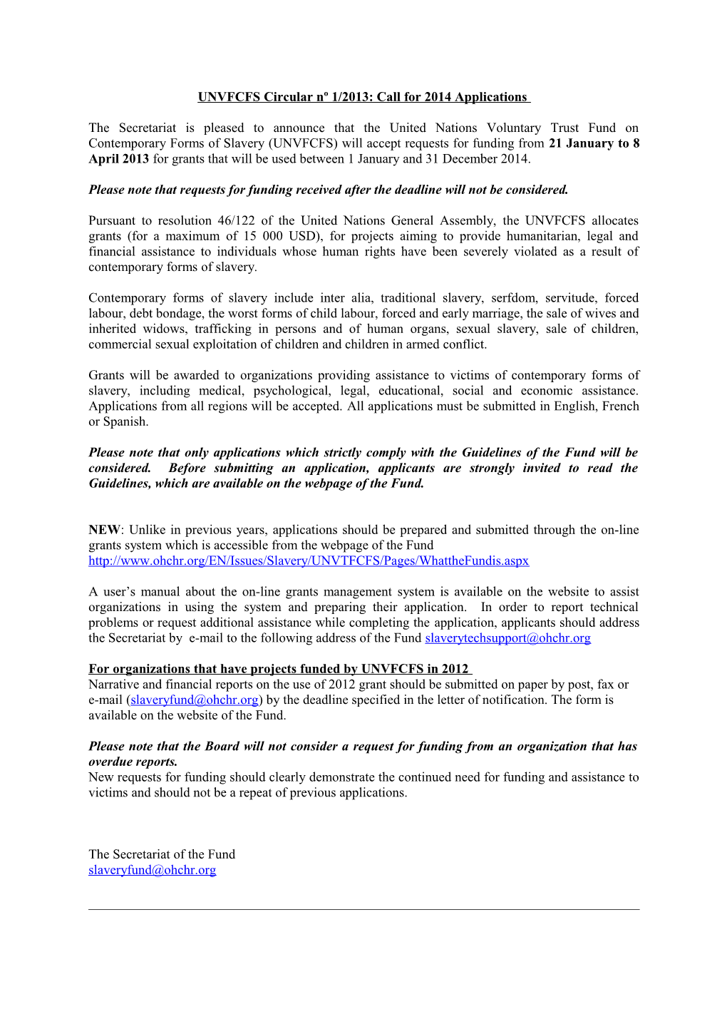 UNVFCFS Circular Nº 1/2013: Call for 2014 Applications