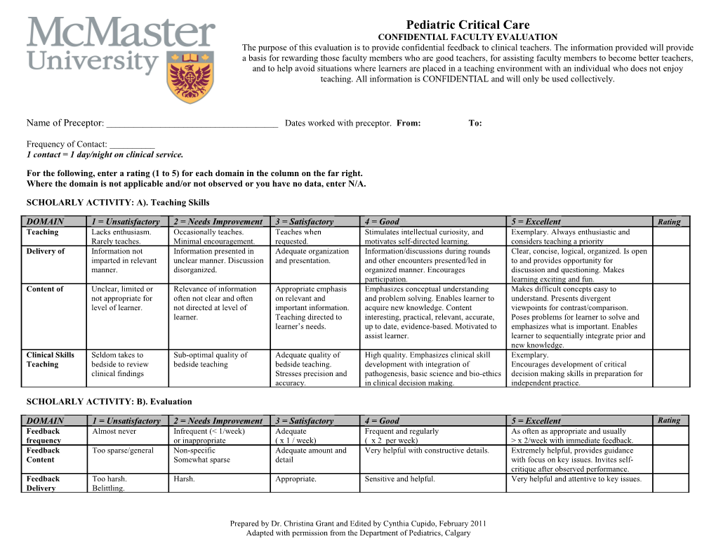 Name of Preceptor: ______ Dates Worked with Preceptor. From: To