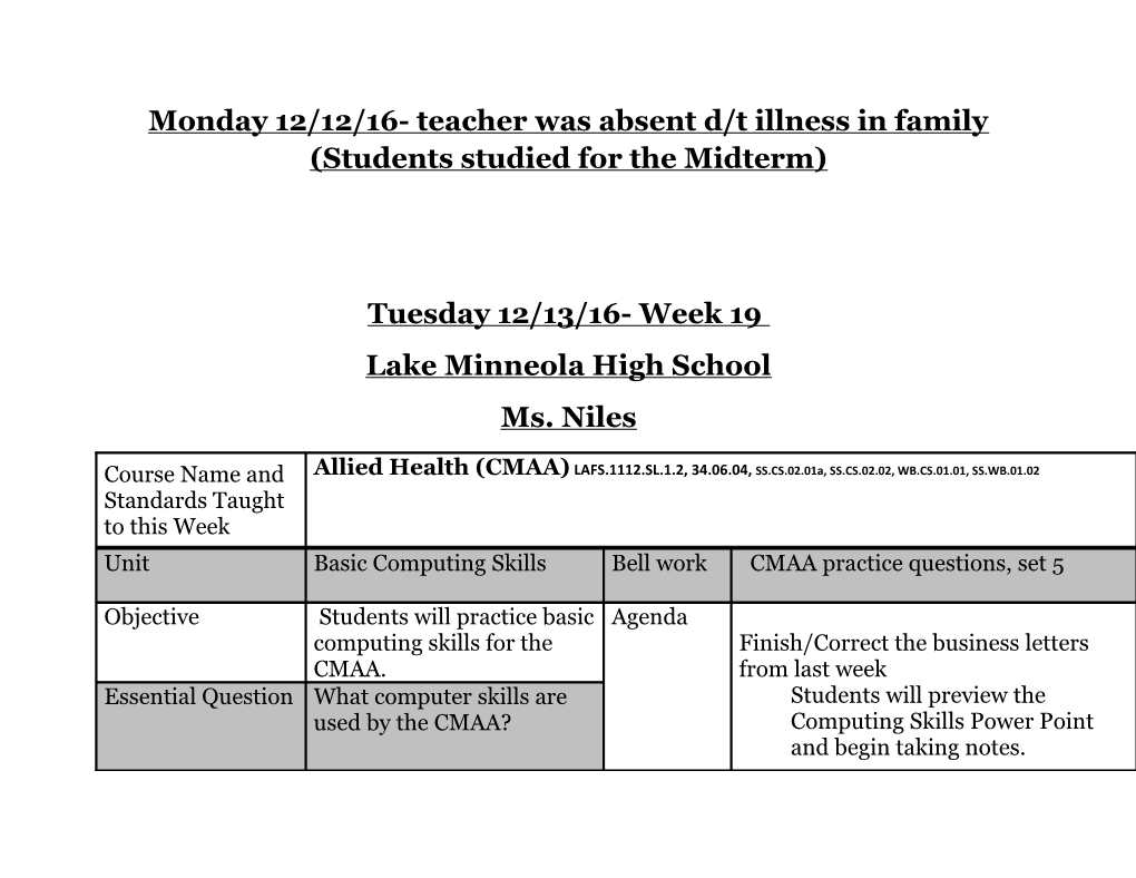 Monday 12/12/16- Teacher Was Absent D/T Illness in Family (Students Studied for the Midterm)