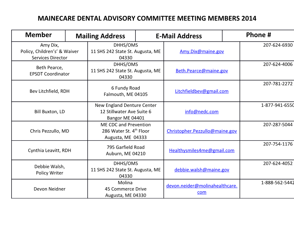 Mainecare Dental Advisory Committee Meeting Members 2014