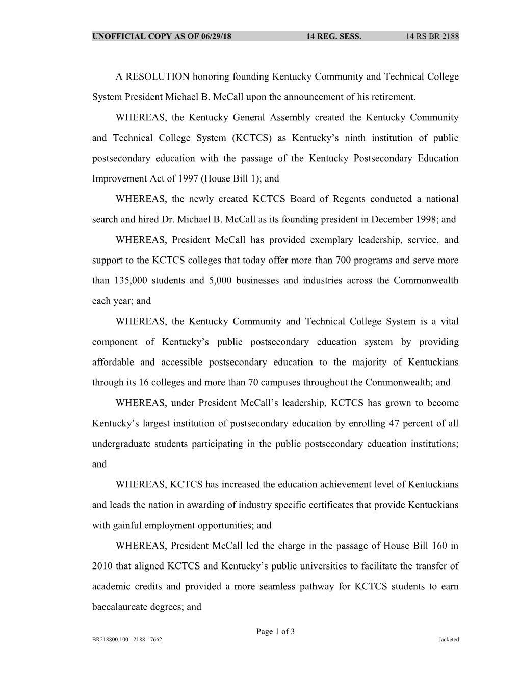 A RESOLUTION Honoring Founding Kentucky Community and Technical College System President