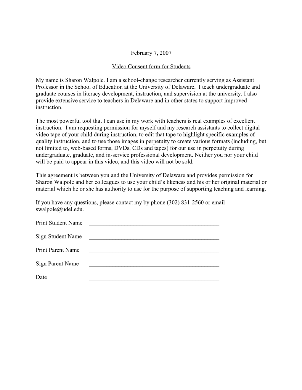 Video Consent Form for Students