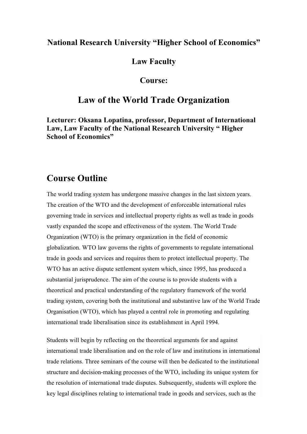 Law of Wto Course Outline