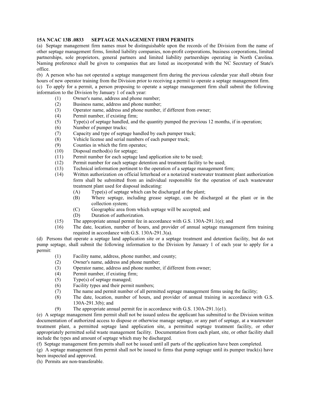 15A Ncac 13B .0833Septage Management Firm Permits