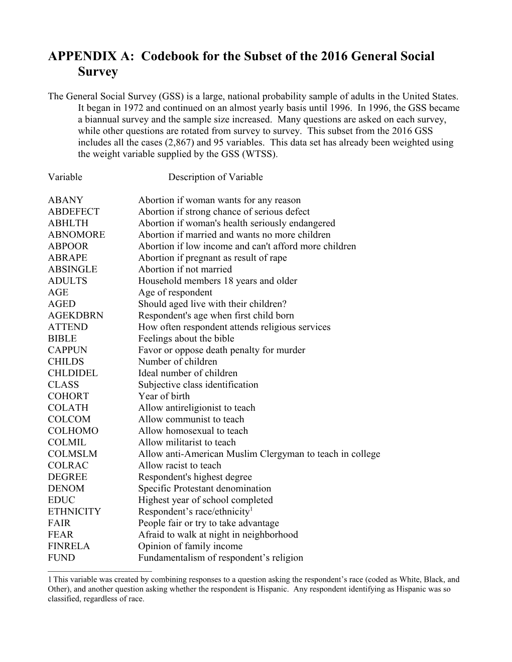 APPENDIX A: Codebook for the Subset of the 2016 General Social Survey