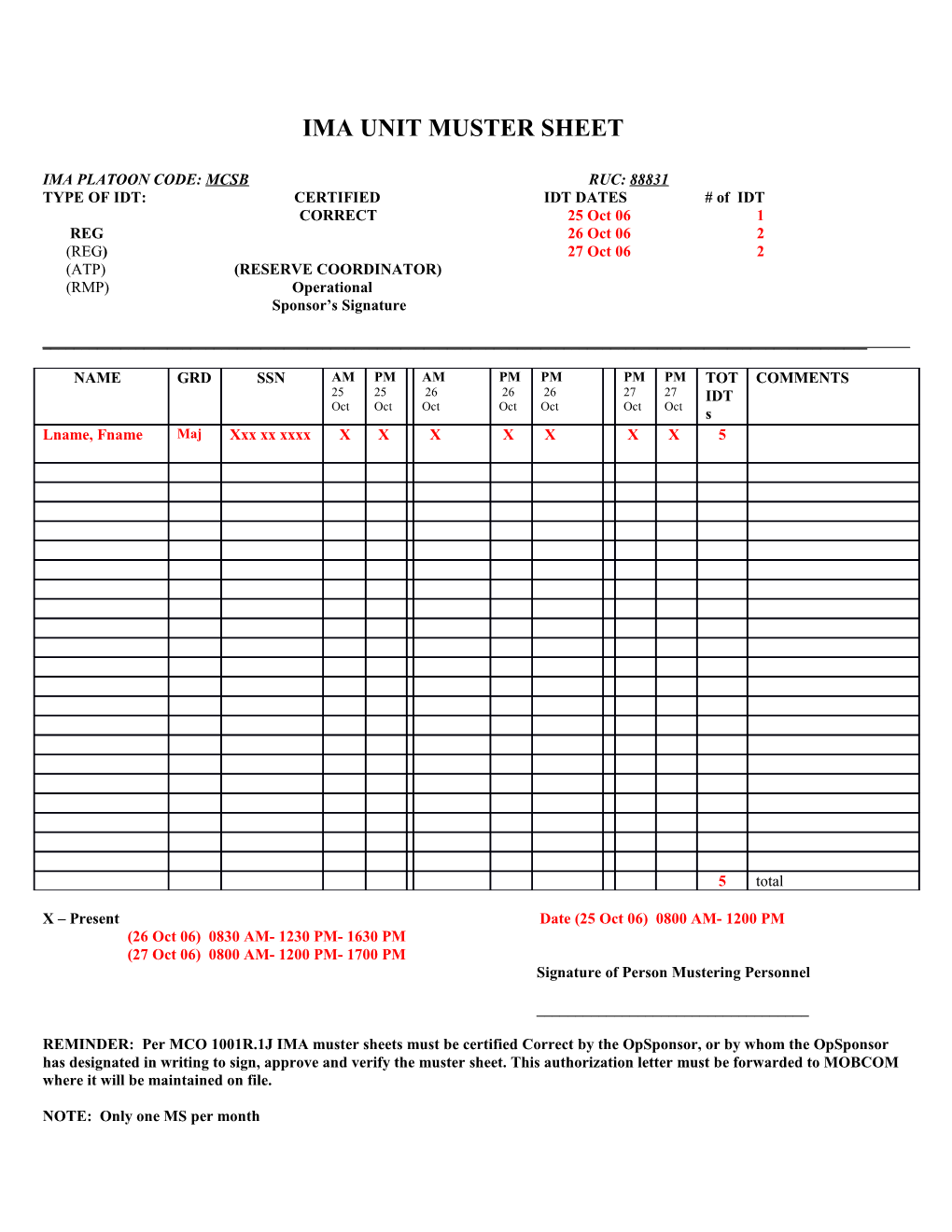 Ima Unit Muster Sheet