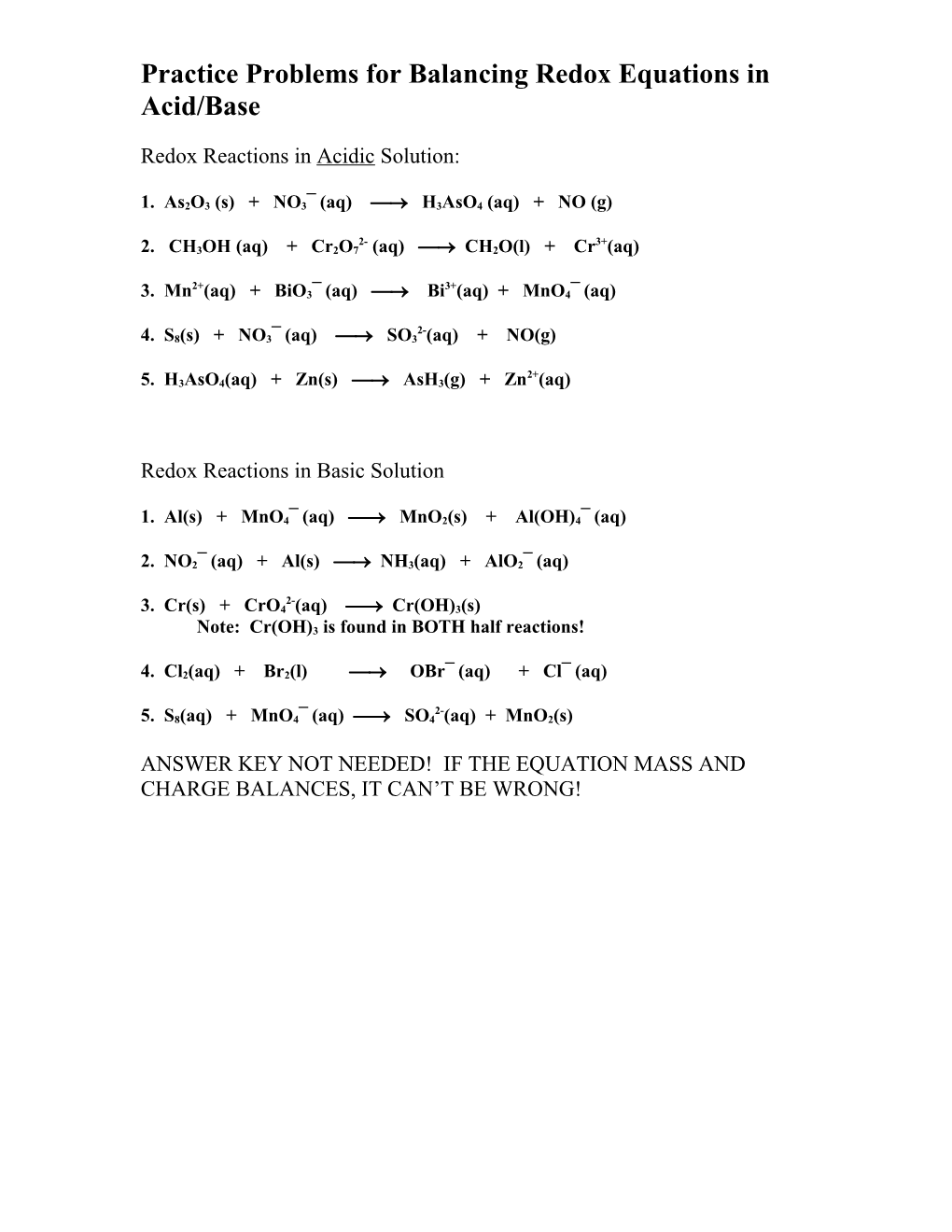 Practice Problems for Balancing Redox Equations in Acid/Base