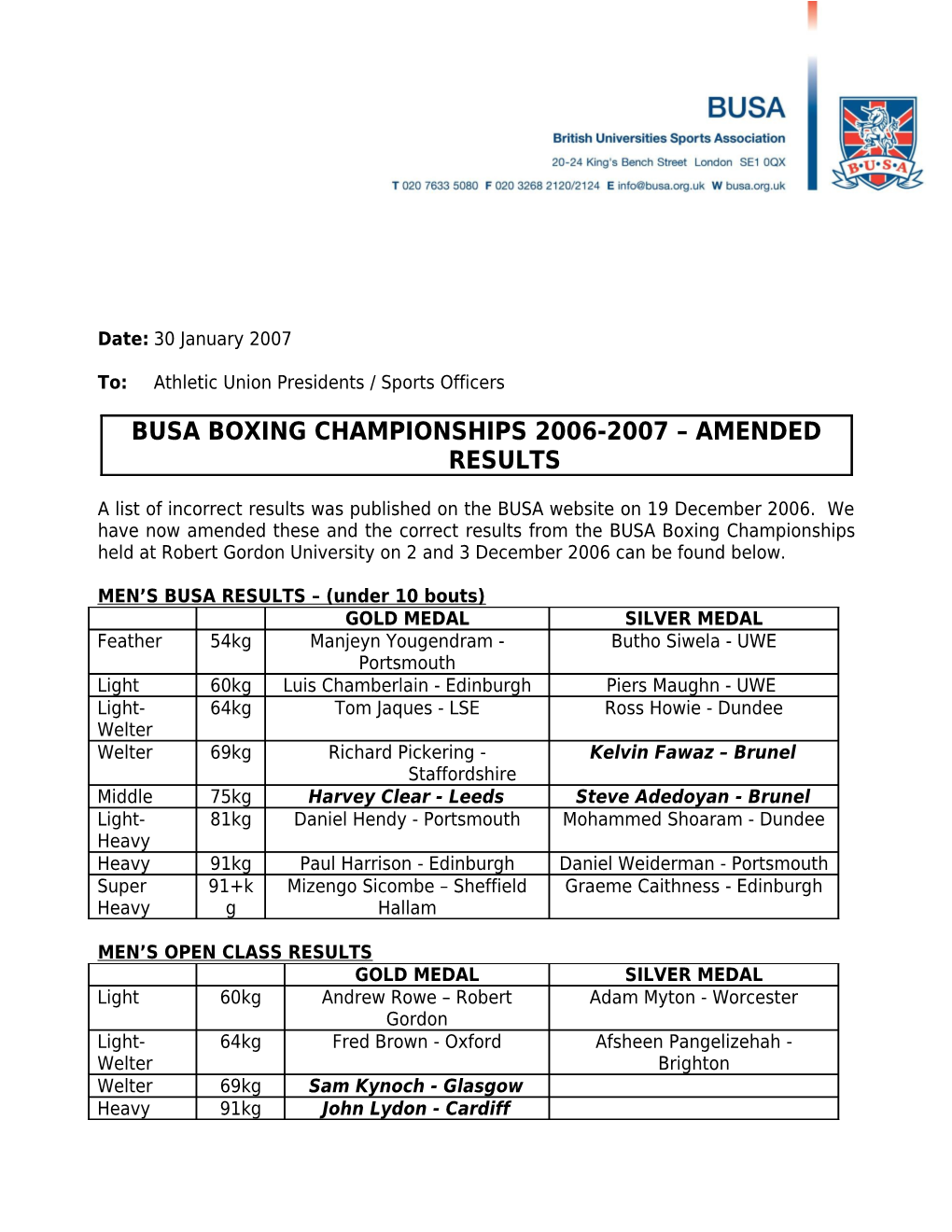 Busa Boxing Championships 2006-2007 Amended Results