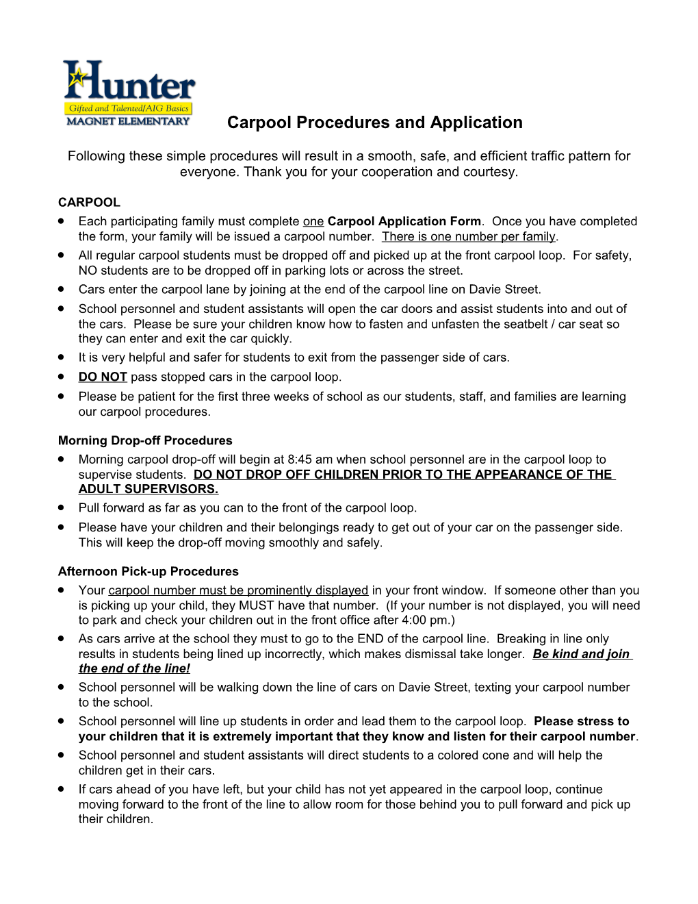 Carpool Procedures and Application