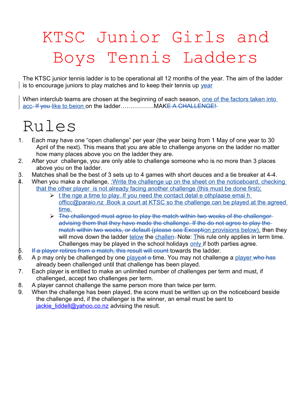 KTSC Junior Girls and Boys Tennis Ladders