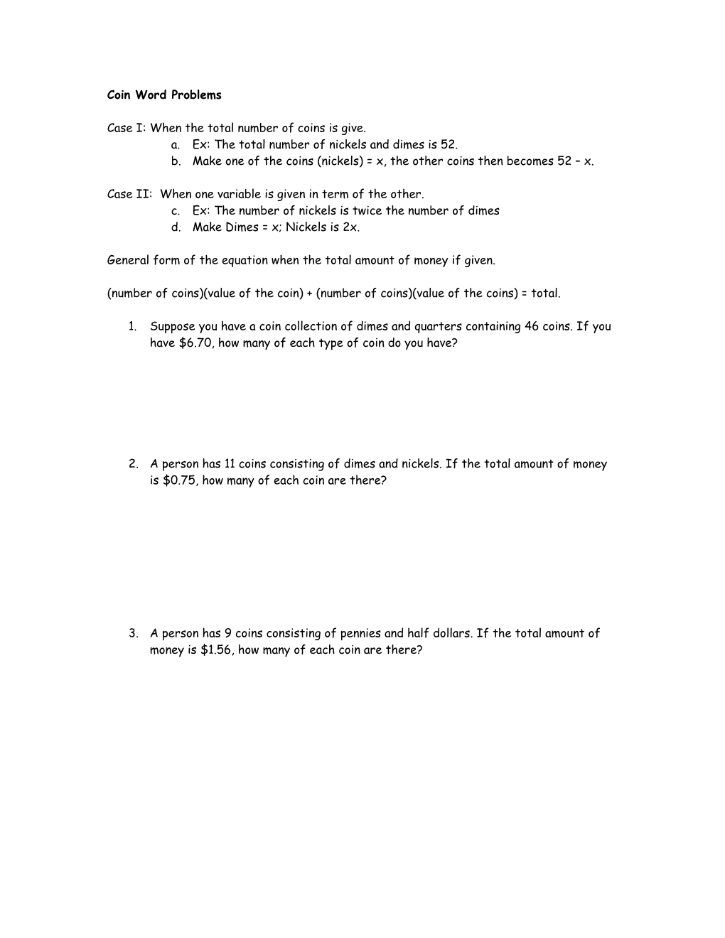 Coin Word Problems Using One Variable